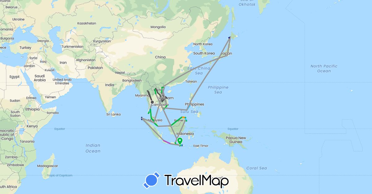 TravelMap itinerary: driving, bus, plane, train, boat, hitchhiking, motorbike in Indonesia, Japan, Laos, Malaysia, Philippines, Singapore, Thailand, Vietnam (Asia)